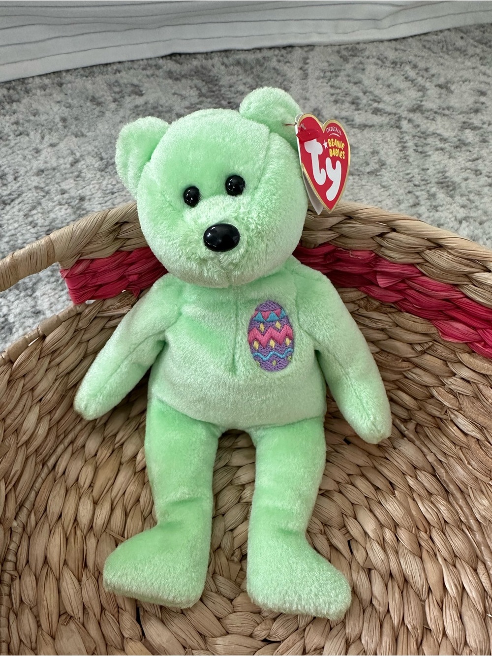 Ty Light Green Plush Bear with Embroidered Colorful Egg